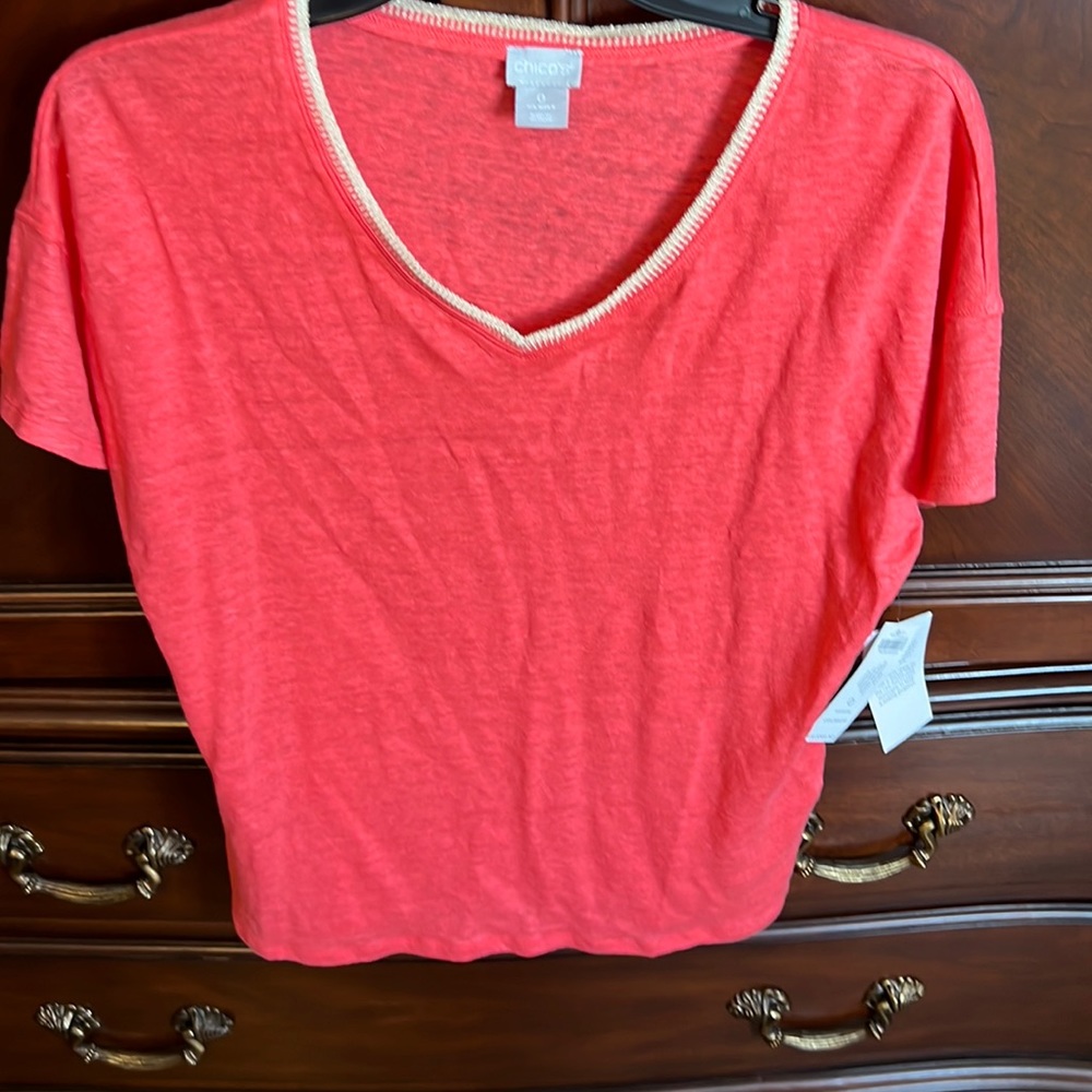 Chicos NWT Knit Top Sweater Trim Linen Tee Calypso Coral Size 0